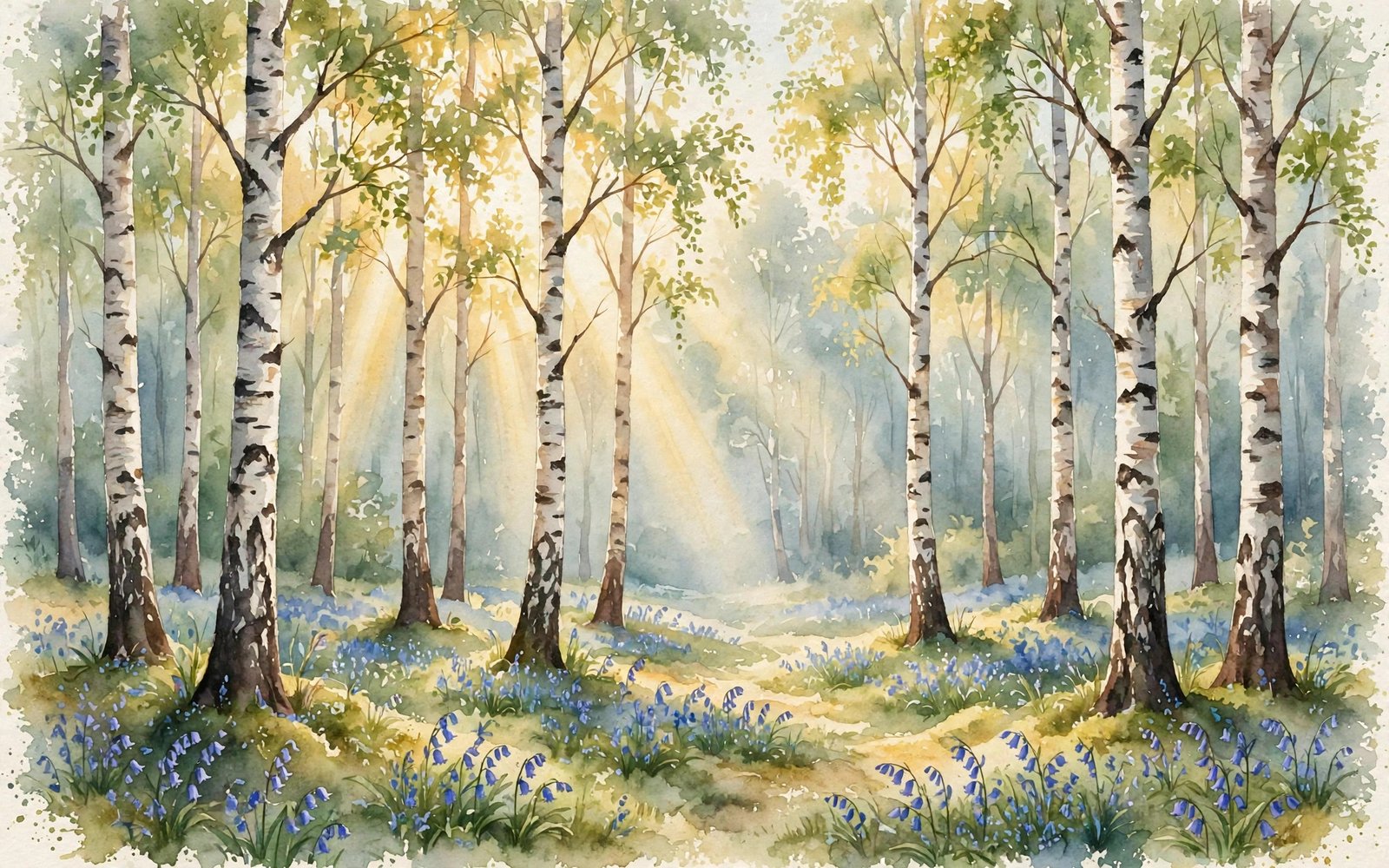 A sunlit birch grove in the Whispering Woods, bluebells carpeting the moss